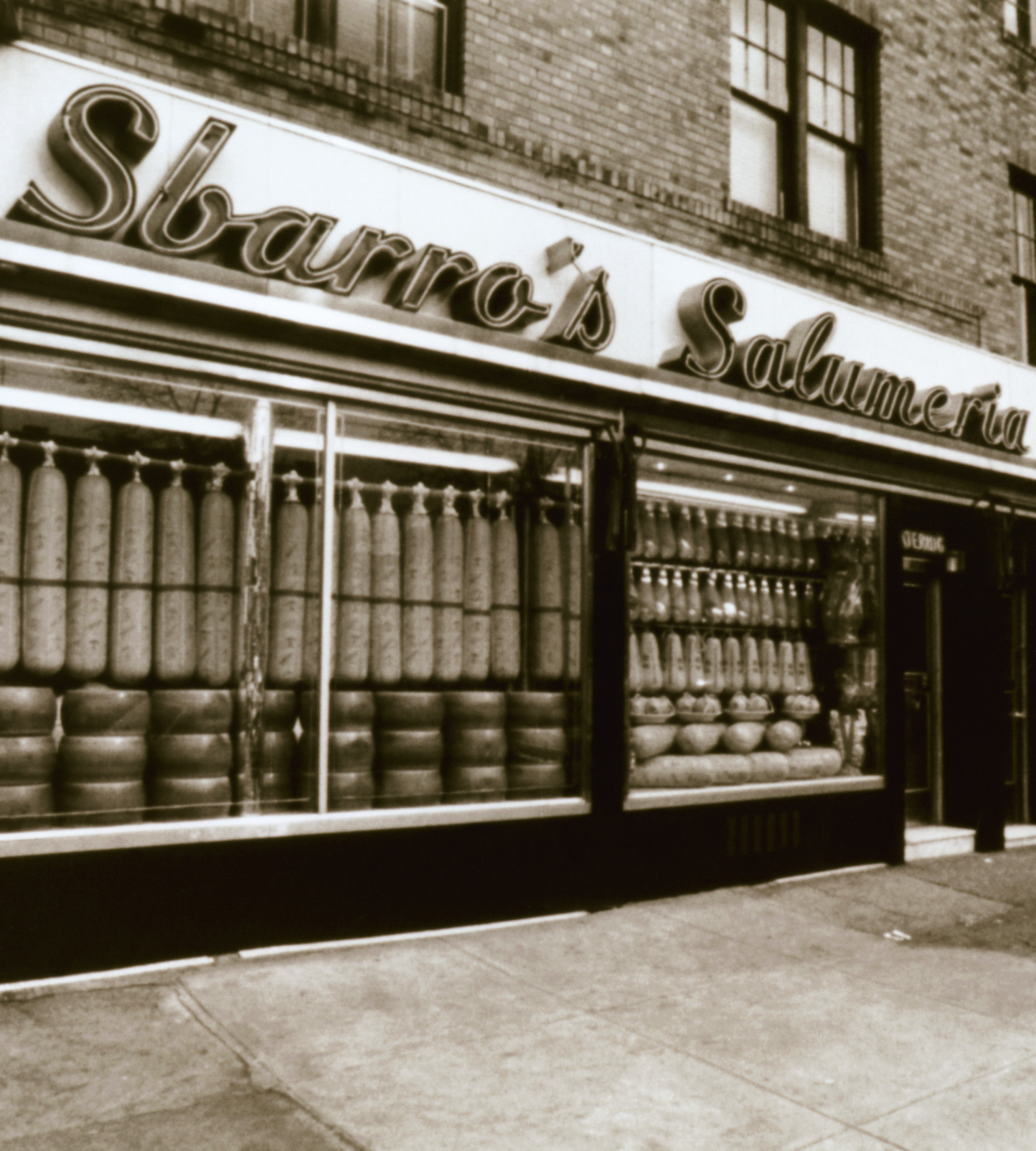 Historic storefront reading “Sbarro’s Salumeria,